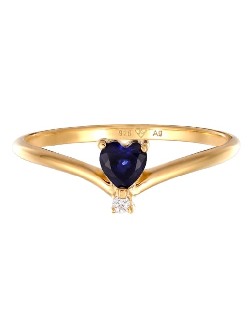 Elli – Goldfarbener Ring aus 925er-Sterlingsilber mit blauem Saphir-Schmuckstein und im Labor geschaffenem Kunst-Diamantstein