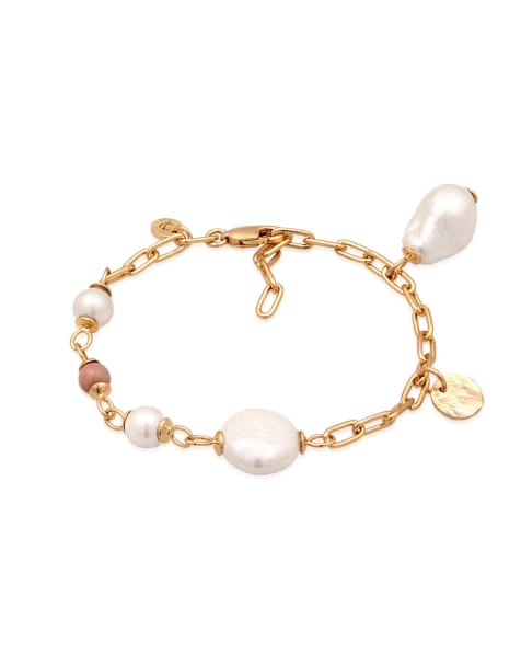 Elli – Goldfarbenes Armband aus 925er-Sterlingsilber mit weißen und rosa Rhodonit-Muschelperlen - view 1