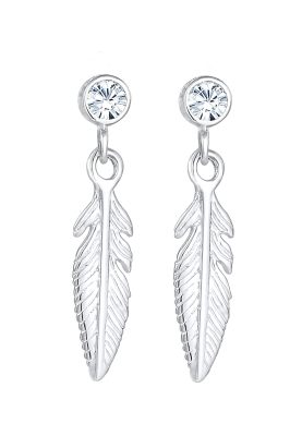 Elli - Hängeohrringe aus 925er Sterlingsilber im Boho-Federdesign mit weißem Strassstein