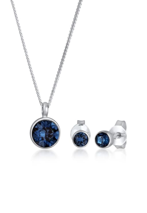 Elli Jewelry set ladies elegant solitaire pendant set stud earrings with crystals in 925 sterling silver in blue