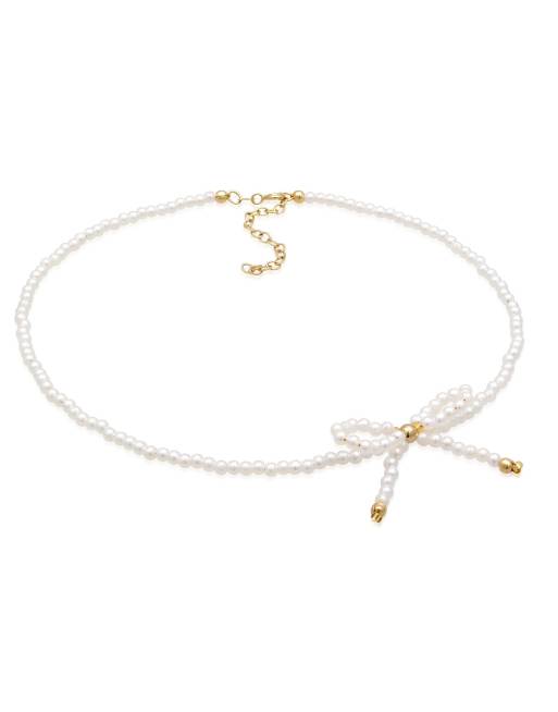 Elli - Ladies - Collarino in argento 925 placcato oro con perle sintetiche bianche e fiocco
