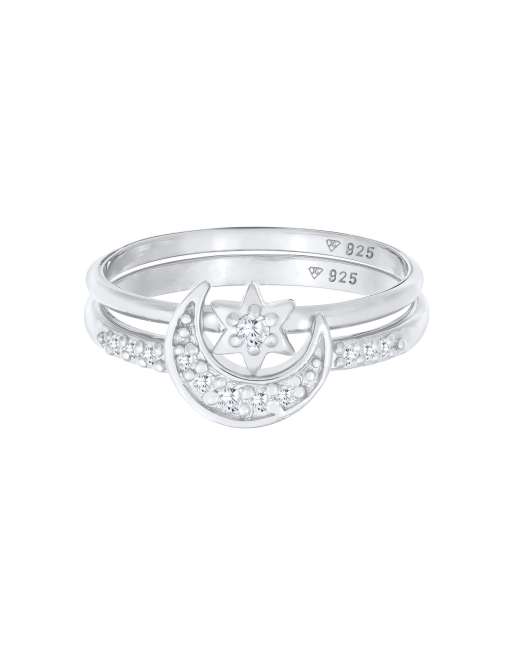 Elli - Ladies - Set di anelli combinabili in argento sterling 925 con design con luna e stella e cristalli in zirconia cubica