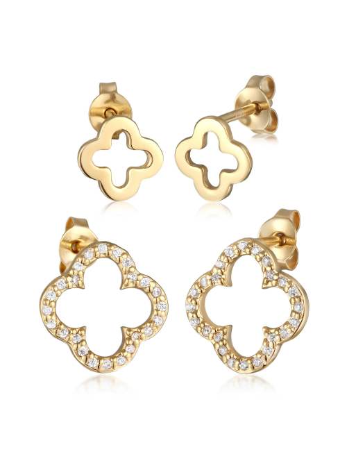 Elli - Ladies - Set di orecchini a bottone in argento sterling 925 dorato a forma di quadrifoglio con zirconia cubica