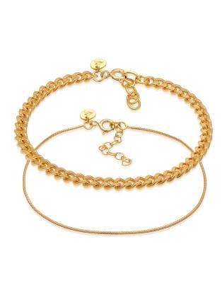 Elli - Minimalistisches, elegantes Damen-Armbänder-Set in Gold-Optik mit Panzerkette und Kettengliederarmband aus 925er ...