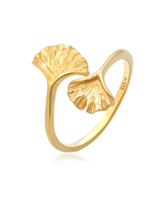 Elli – Offener, modischer Damenring aus vergoldetem 925er-Sterlingsilber in Gold mit Gingko-Blatt-Details