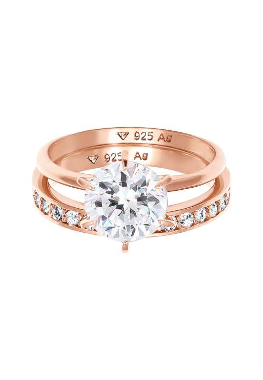 Elli Ring ladies band set solitaire glamorous with crystals in 925 sterling silver in rosegold
