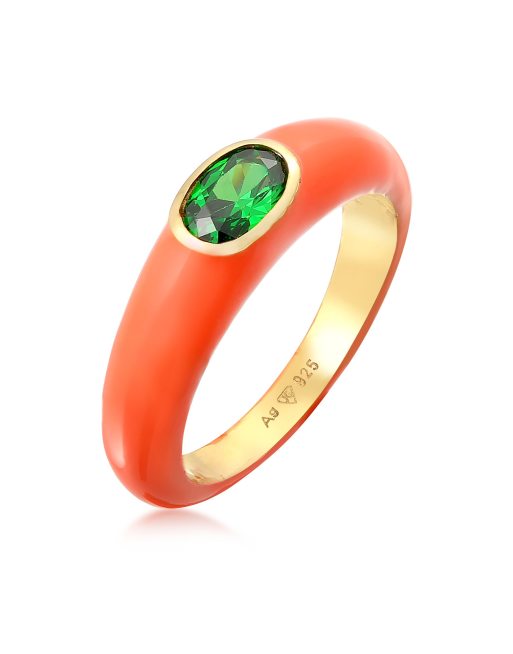 Elli - Ring met oranje emaille en groen zirkoniasteentje in 925 sterling zilver in goudkleur en oranje