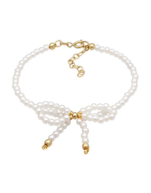 Elli – Romantisches Damen-Armband in weiß aus Glasperlen mit Schleife aus vergoldetem 925er Sterlingsilber