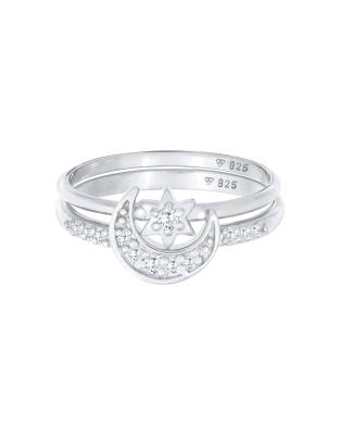 Elli - Set mit Stapel-Damenringen aus 925er-Sterlingsilber in Silberoptik mit astrologischem Stern-Mond-Motiv und Zirkon...