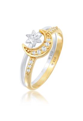 Elli - Set mit Stapel-Damenringen aus verschiedenfarbigem 925er Sterlingsilber mit astrologischem Stern-Mond-Motiv und Z...