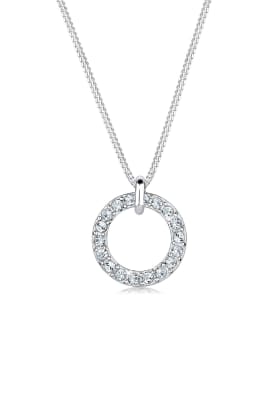 Elli - Silberfarbene Damenhalskette aus 925er-Sterlingsilber mit kreisrundem Anhänger und weißen Strasssteinchen