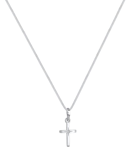 Elli – Silberfarbene Halskette aus 925er-Sterlingsilber mit Kreuzanhänger und filigranem eingraviertem Sternmotiv