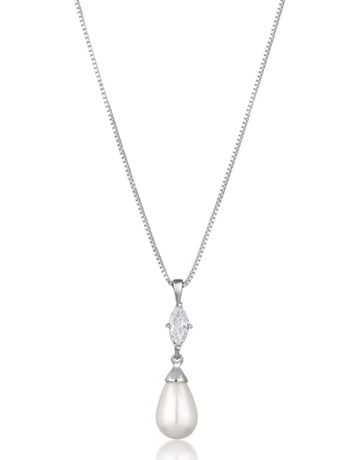 Elli – Silberfarbene Halskette aus 925er-Sterlingsilber mit Zirkonia-Detail im Marquise-Schliff und tropfenförmiger Schmuckperle