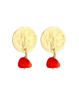 Elli - Vergoldete Damen-Ohrstecker aus 925er Sterlingsilber im Scheibendesign mit korallfarbenen Vintage-Anhängern-Goldf...