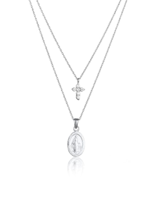 Elli – Zweireihige, silberfarbene Halskette aus 925er-Sterlingsilber mit verdrehten Gliedern, Kreuzanhänger und Anhänger mit weißem Zirkonia-Schmuckstein im Diamantschliff