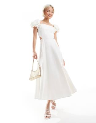 Elliatt Marlberry puff sleeve maxi dress with cut outs in ivory-White