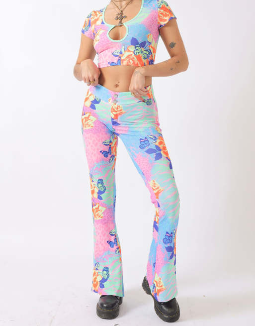 Elsie and Fred animal print bootcut low rise trouser co ord in pink multi colour
