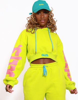 Elsie and Fred olly logo chunky cropped hoodie co ord in lime green