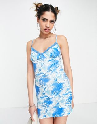 Elsie & Fred 90s cami mini dress with lace detail in retro dolphin print
