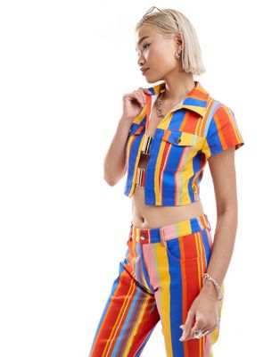Elsie & Fred buckle front collar detail crop top in 70s stripe co-ord