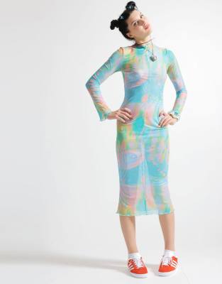 Elsie & Fred graphic long sleeved mesh midi dress in pastel in multi