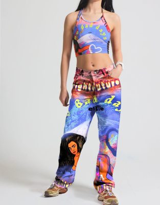 Elsie & Fred graphic oversized pant co ord in multi colour in blue