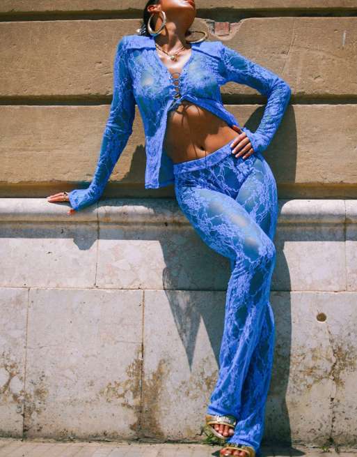 Elsie & Fred lace bootcut trousers in azure blue in blue