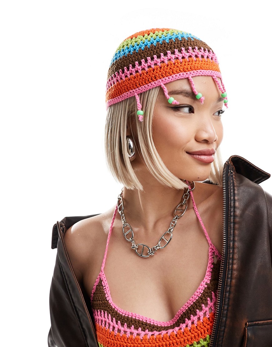 Elsie & Fred pink stripe crochet bonnet with bead detail co-ord-Multi