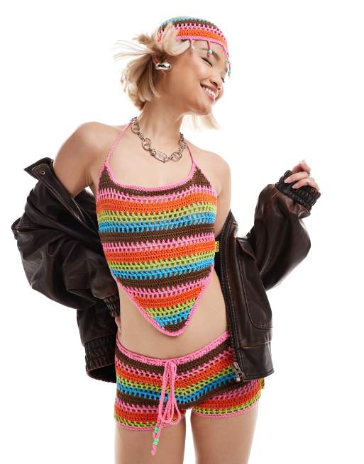 Elsie & Fred pink stripe crochet halter neck crop top (part of a set)