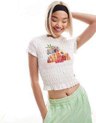 Elsie & Fred ruched crop t-shirt with retro beach graphic