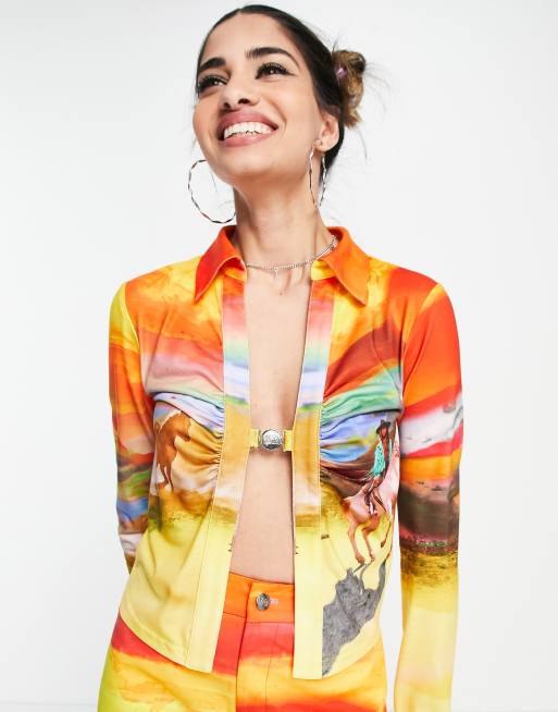 Elsie & Fred Y2K clip front detail open shirt in western print (part of a set)