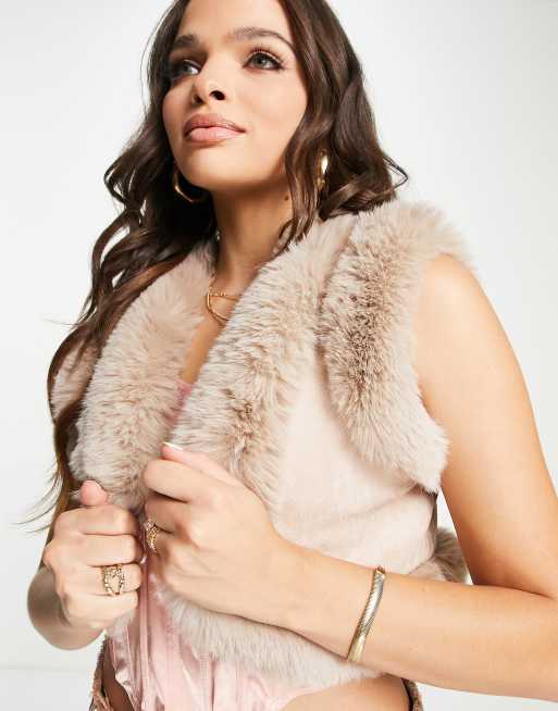 Elsie & Fred Y2K cropped shrug with faux fur trim in beige | ASOS
