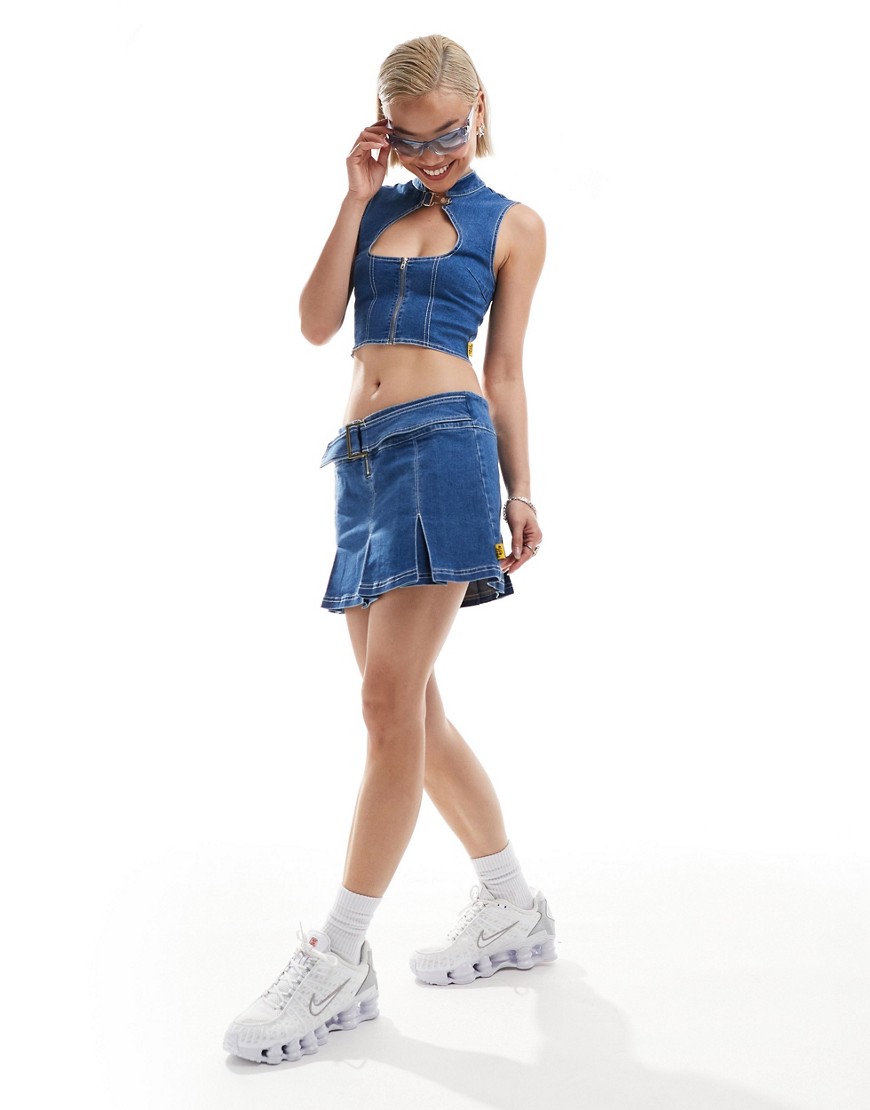 Elsie & Fred Y2K denim flippy mini skirt with buckle co-ord-Blue