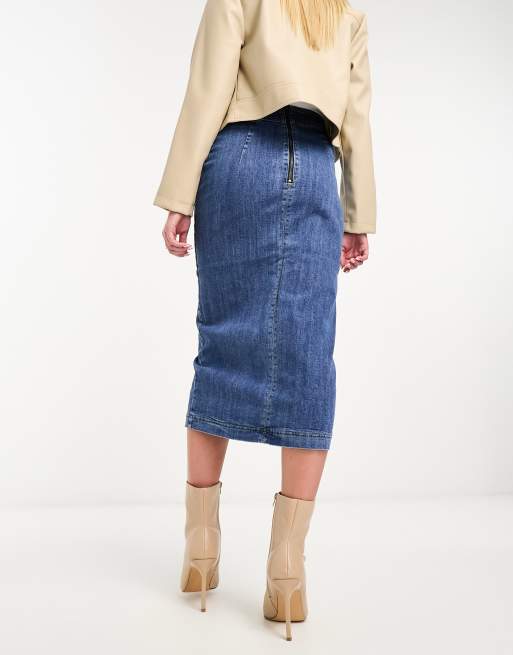 Elvi Jupe fourreau mi longue boutonn e en jean Bleu ASOS