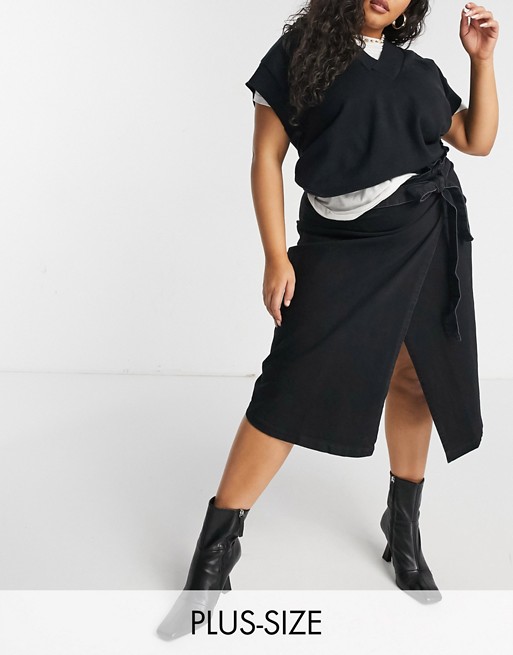 Elvi Plus denim paperbag skirt in black