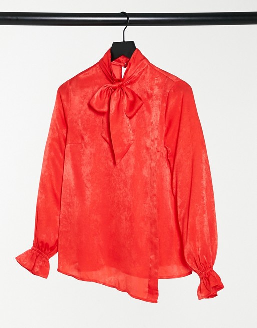 Elvi satin pussy bow blouse in red