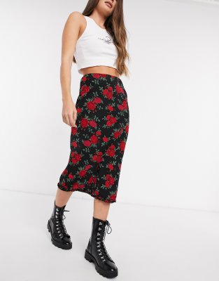 rose print midi skirt