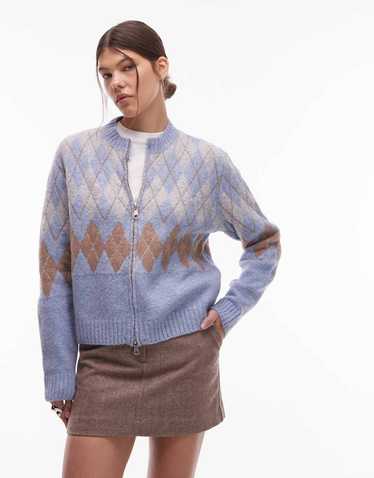 Emory Park argyle zip through cardigan in baby blue