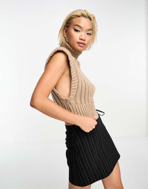 Emory Park – Ärmelloser, gerippter Rollkragenpullover in Latte