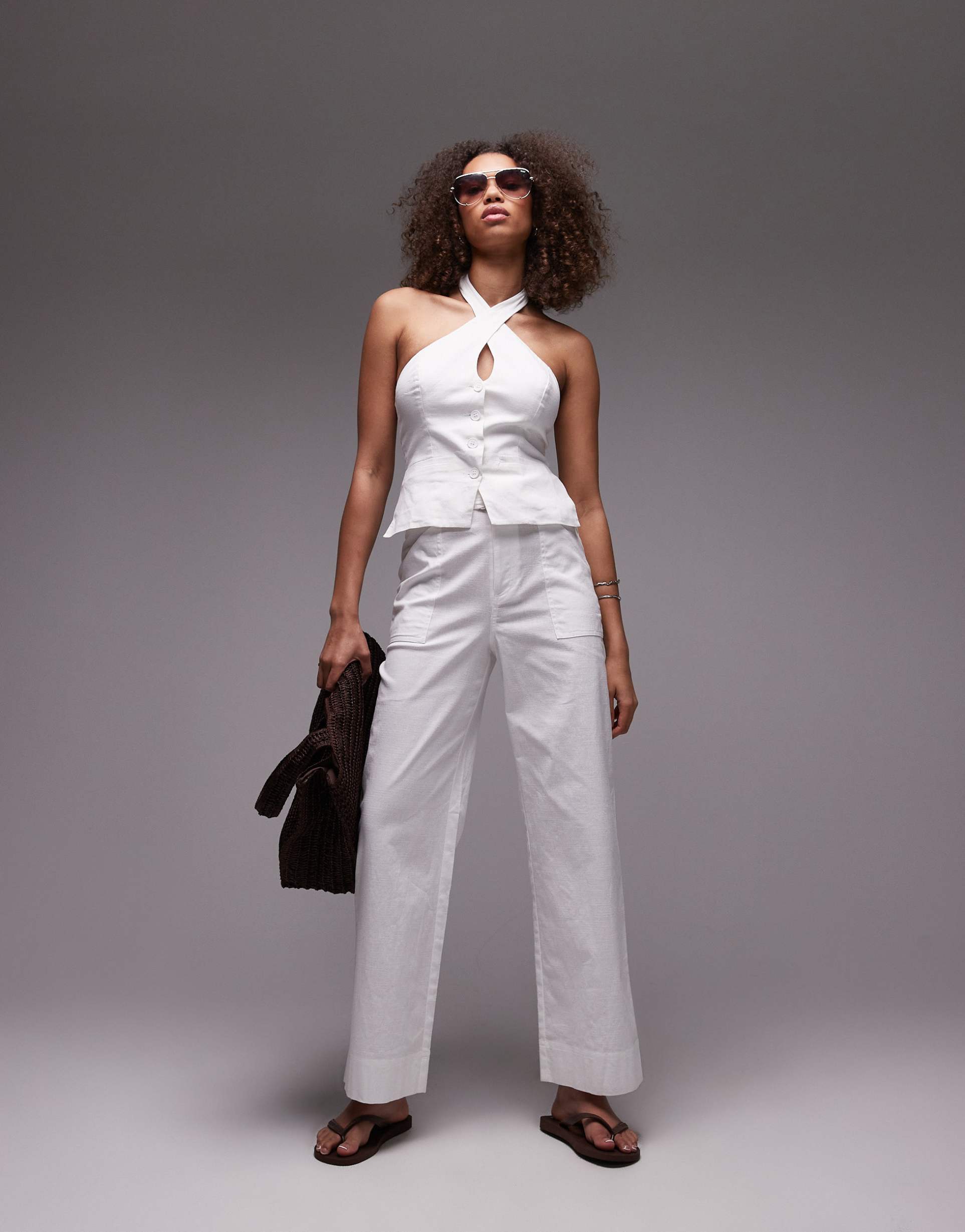 emory park belt detail wide leg linen look pants in white - part of a set