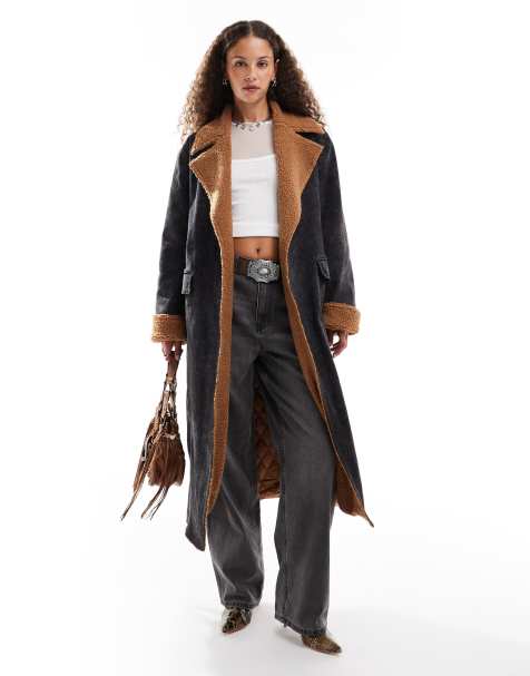 Emory Park belted faux shearling and denim overcoat in washed black - view 1
