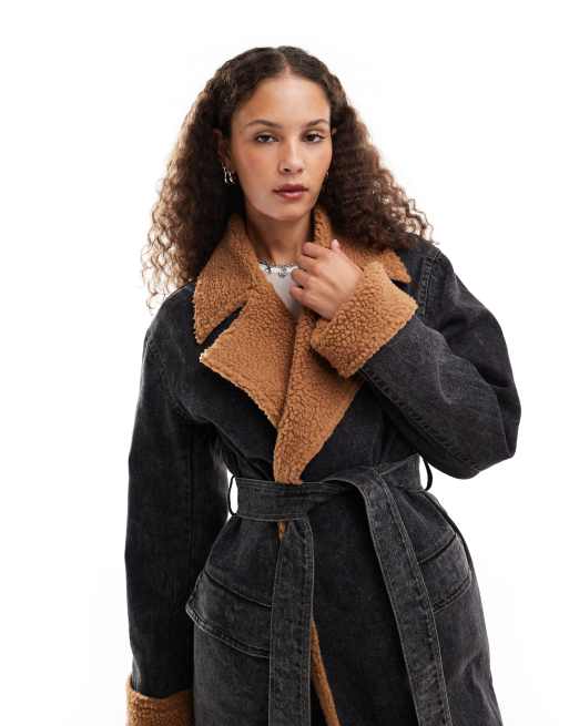 Emory Park belted faux shearling and denim overcoat in washed black