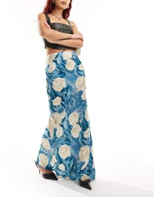 bloom floral satin maxi skirt in teal blue