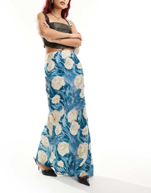 Emory Park bloom floral satin maxi skirt in teal blue
