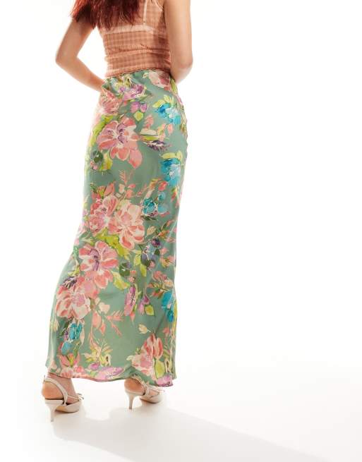Emory Park blurred floral print satin maxi skirt in green, 3 of 5