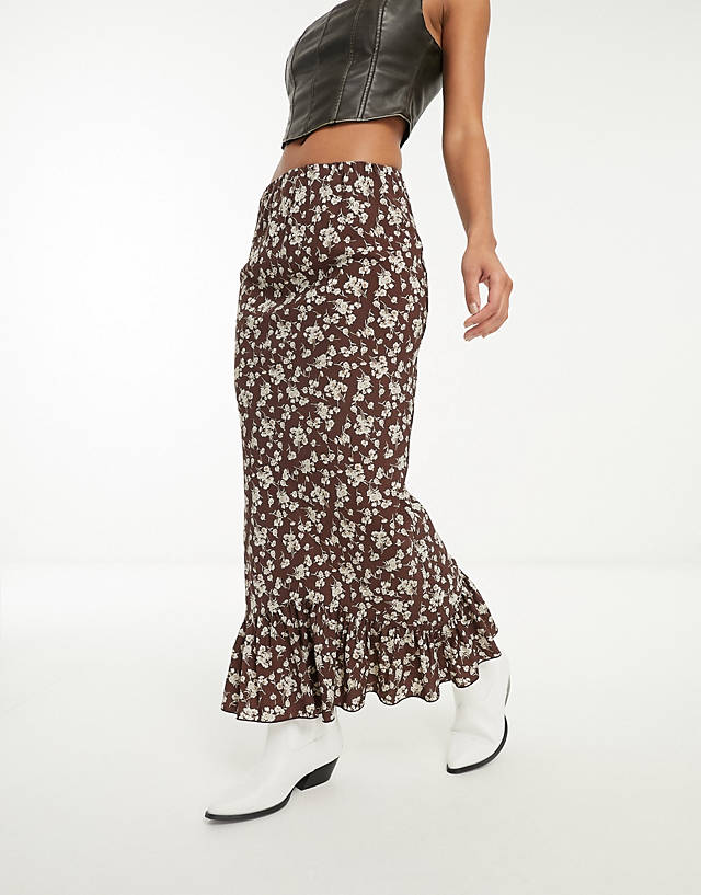 Emory Park - bold floral ruffle edge midaxi skirt in deep brown