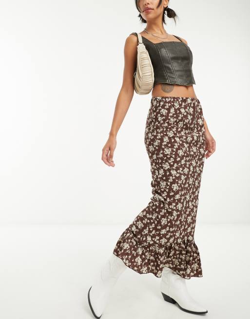 Emory Park bold floral ruffle edge midaxi skirt in deep brown ASOS