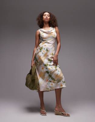 Emory Park - Buntes Midikleid mit verschwommenem Blumenmuster und Wasserfallausschnitt