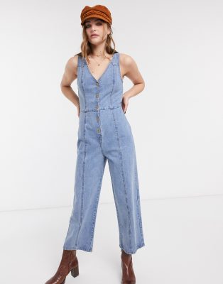 Emory Park button front jumpsuit in washed denim-Blue