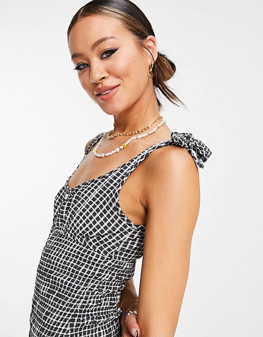 Dresses Emory Park button through mini dress with tie straps and shirring in gingham 